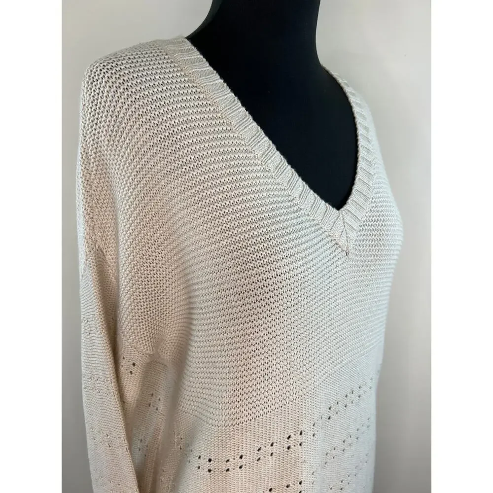 Manoukian Ivory V-Neck Relaxed Fit Long Sleeve Knit Top Sweater Medium Large M/L